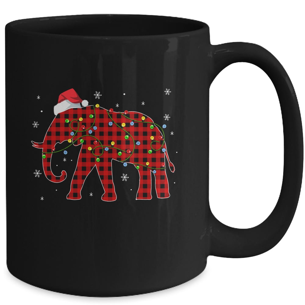 Red Plaid Elephant Christmas Lights Santa Hat Pajamas Mug | siriusteestore