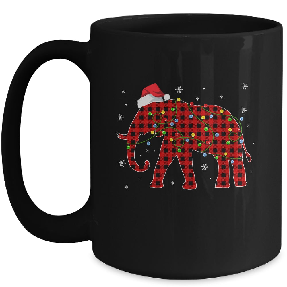 Red Plaid Elephant Christmas Lights Santa Hat Pajamas Mug | siriusteestore