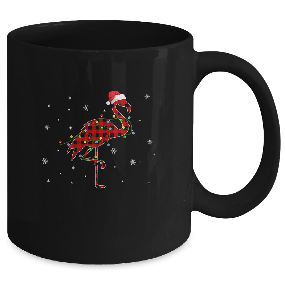 Red Plaid Flamingo Christmas Lights Santa Hat Pajamas Mug | siriusteestore