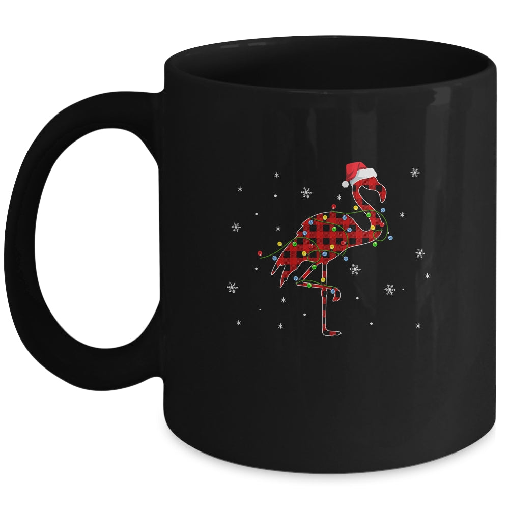 Red Plaid Flamingo Christmas Lights Santa Hat Pajamas Mug | siriusteestore