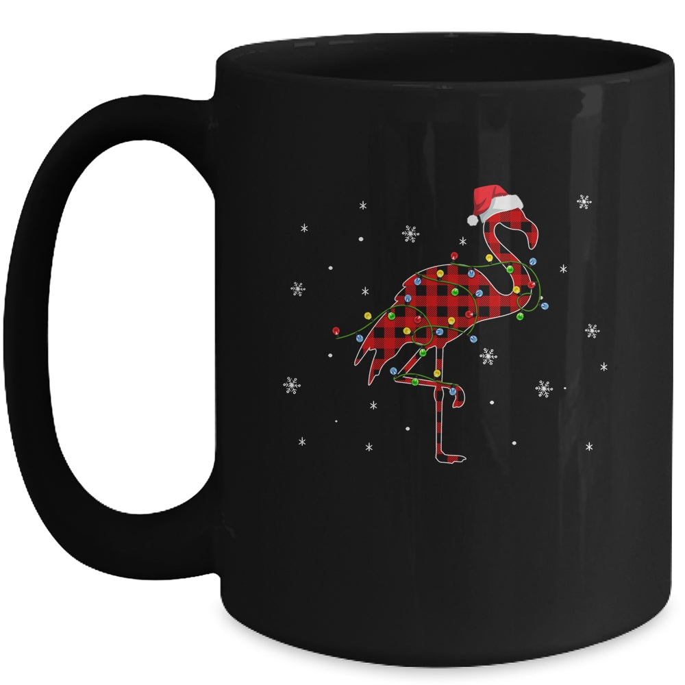 Red Plaid Flamingo Christmas Lights Santa Hat Pajamas Mug | siriusteestore