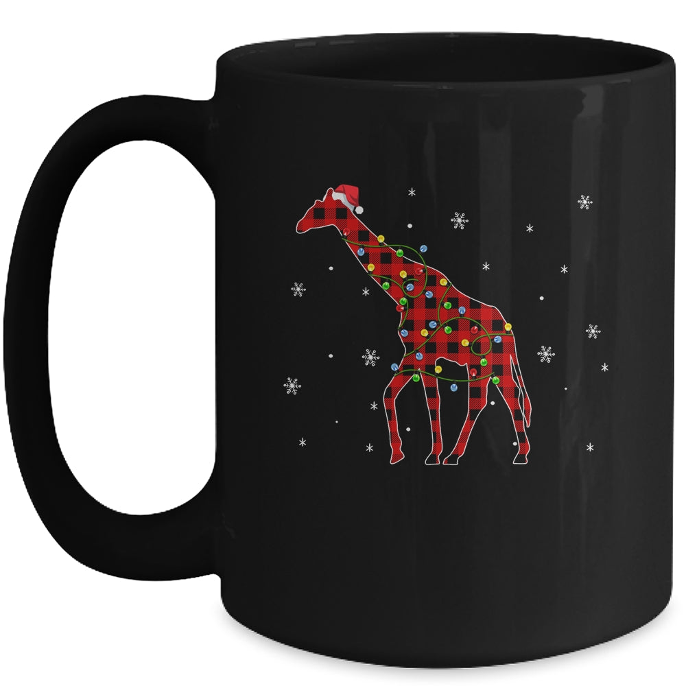 Red Plaid Giraffe Christmas Lights Santa Hat Pajamas Mug | siriusteestore