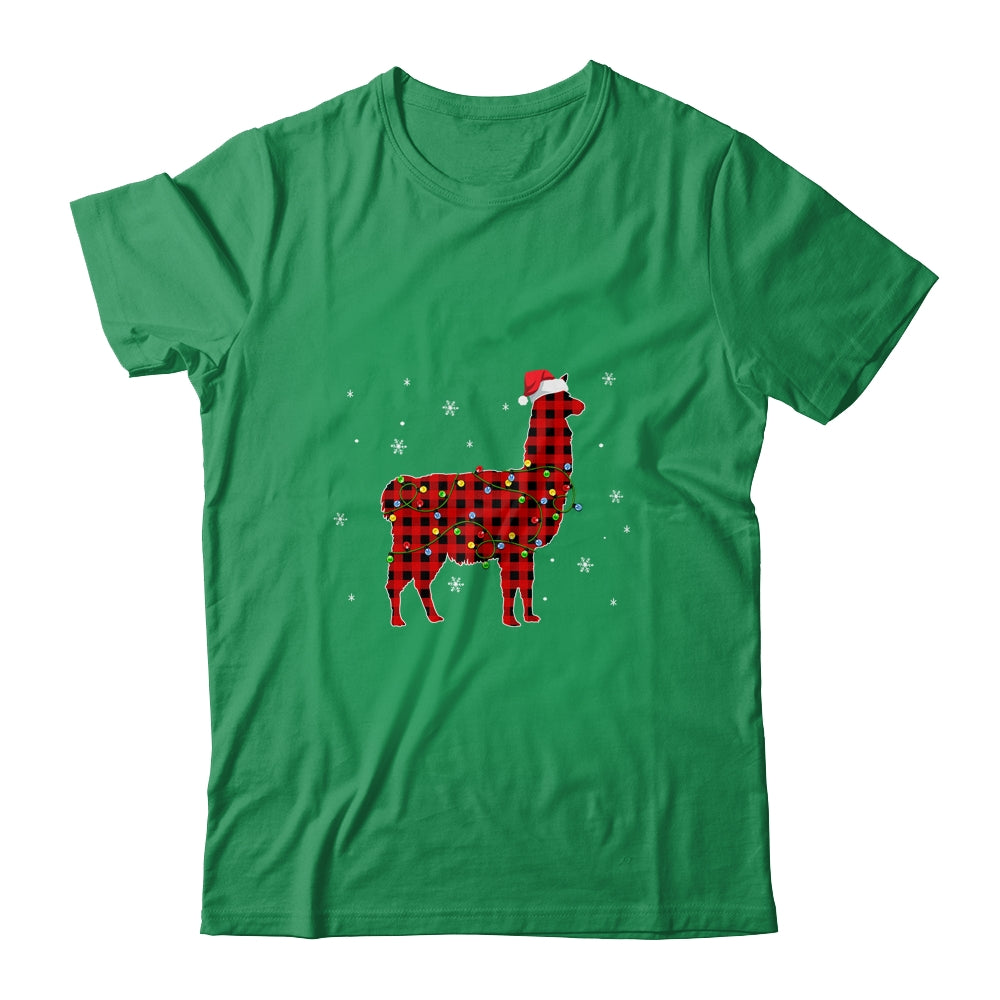 Red Plaid Llama Christmas Lights Santa Hat Pajamas Shirt & Sweatshirt | siriusteestore