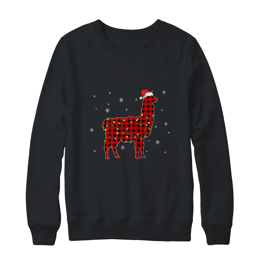 Red Plaid Llama Christmas Lights Santa Hat Pajamas Shirt & Sweatshirt | siriusteestore
