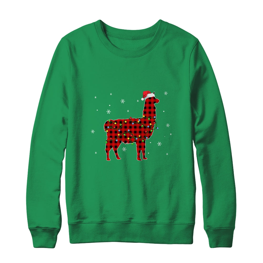 Red Plaid Llama Christmas Lights Santa Hat Pajamas Shirt & Sweatshirt | siriusteestore
