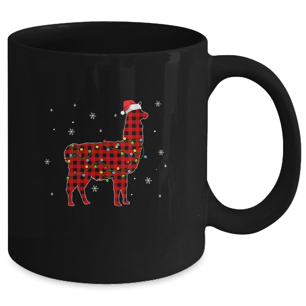 Red Plaid Llama Christmas Lights Santa Hat Pajamas Mug | siriusteestore