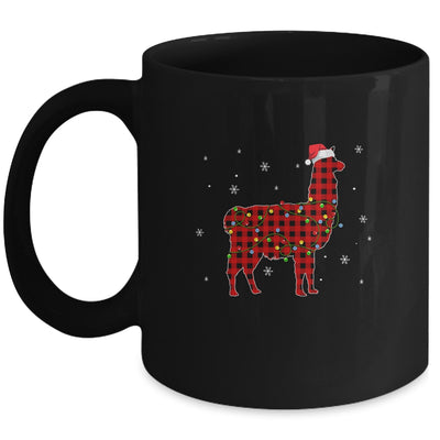 Red Plaid Llama Christmas Lights Santa Hat Pajamas Mug | siriusteestore
