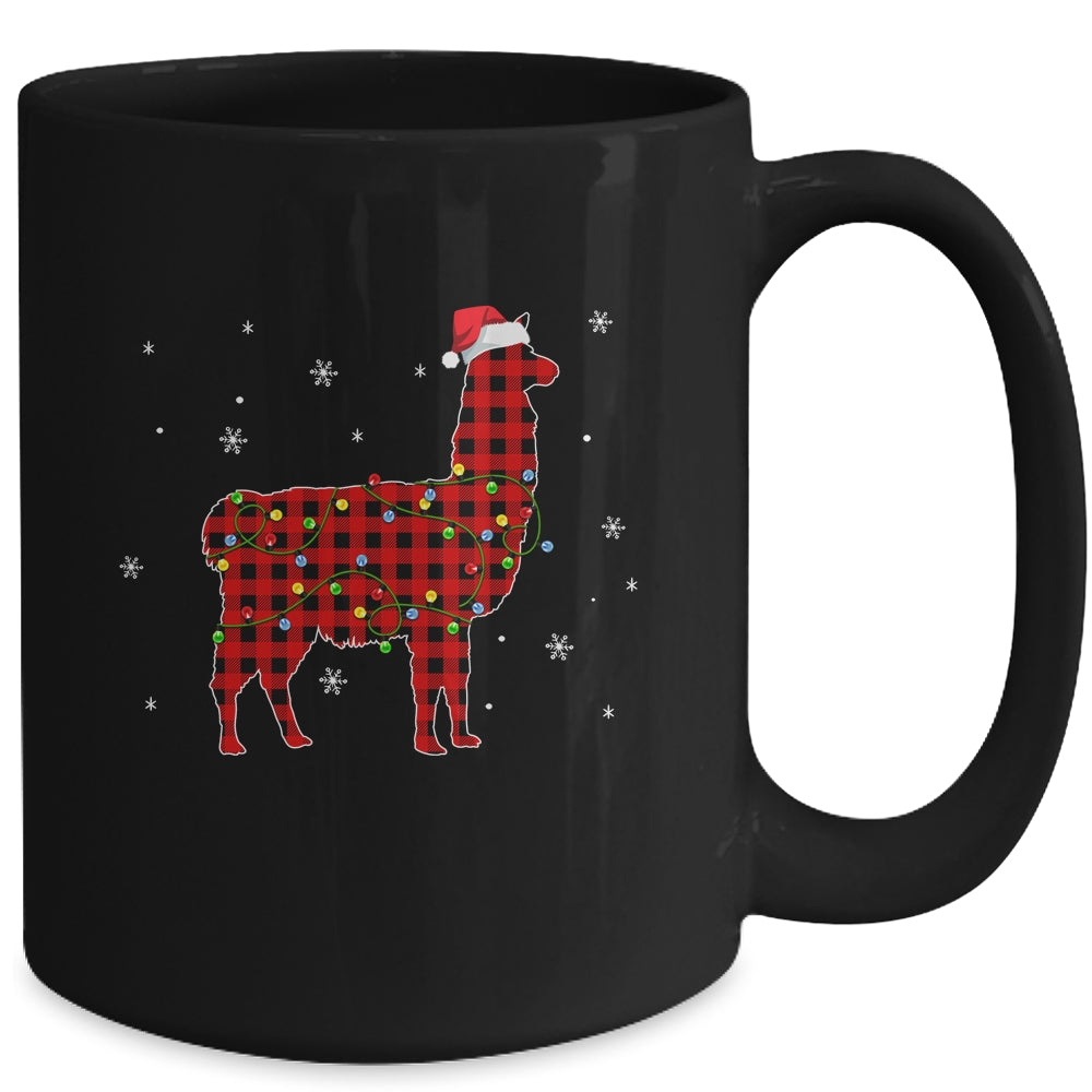 Red Plaid Llama Christmas Lights Santa Hat Pajamas Mug | siriusteestore