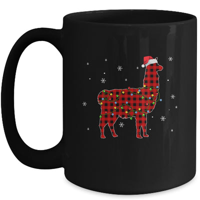 Red Plaid Llama Christmas Lights Santa Hat Pajamas Mug | siriusteestore