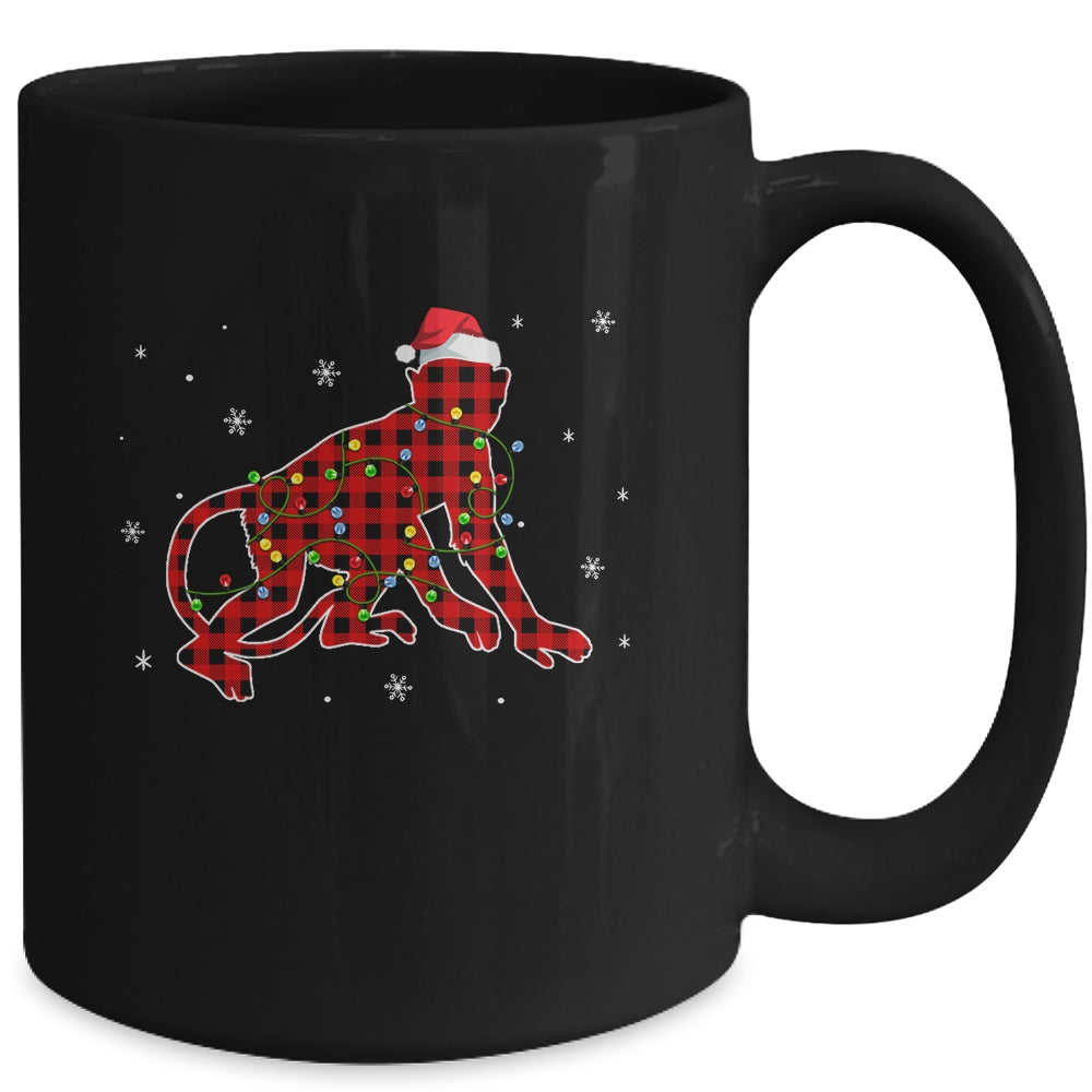 Red Plaid Monkey Christmas Lights Santa Hat Pajamas Mug | siriusteestore