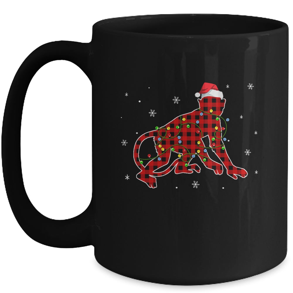 Red Plaid Monkey Christmas Lights Santa Hat Pajamas Mug | siriusteestore