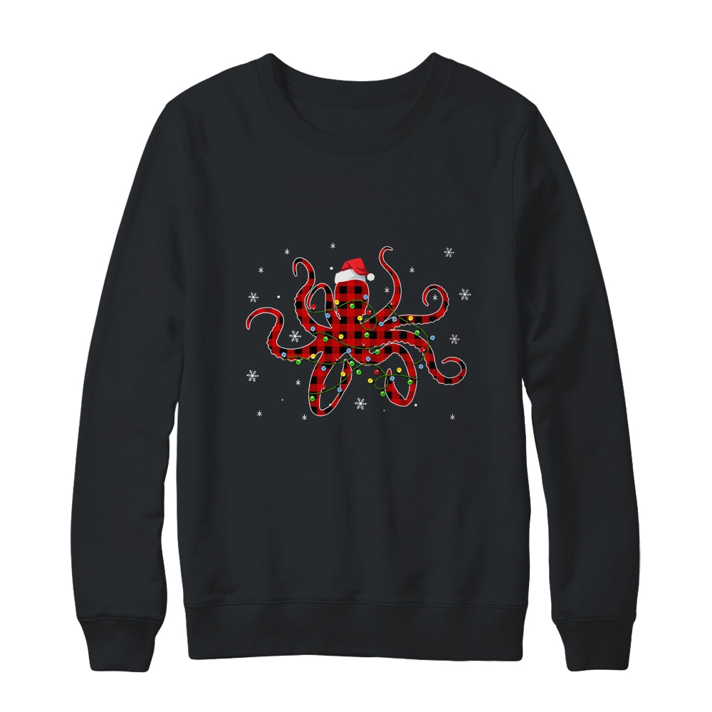 Red Plaid Octopus Christmas Lights Santa Hat Pajamas Shirt & Sweatshirt | siriusteestore