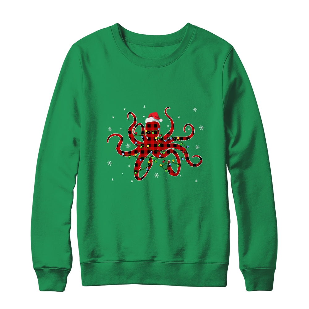 Red Plaid Octopus Christmas Lights Santa Hat Pajamas Shirt & Sweatshirt | siriusteestore