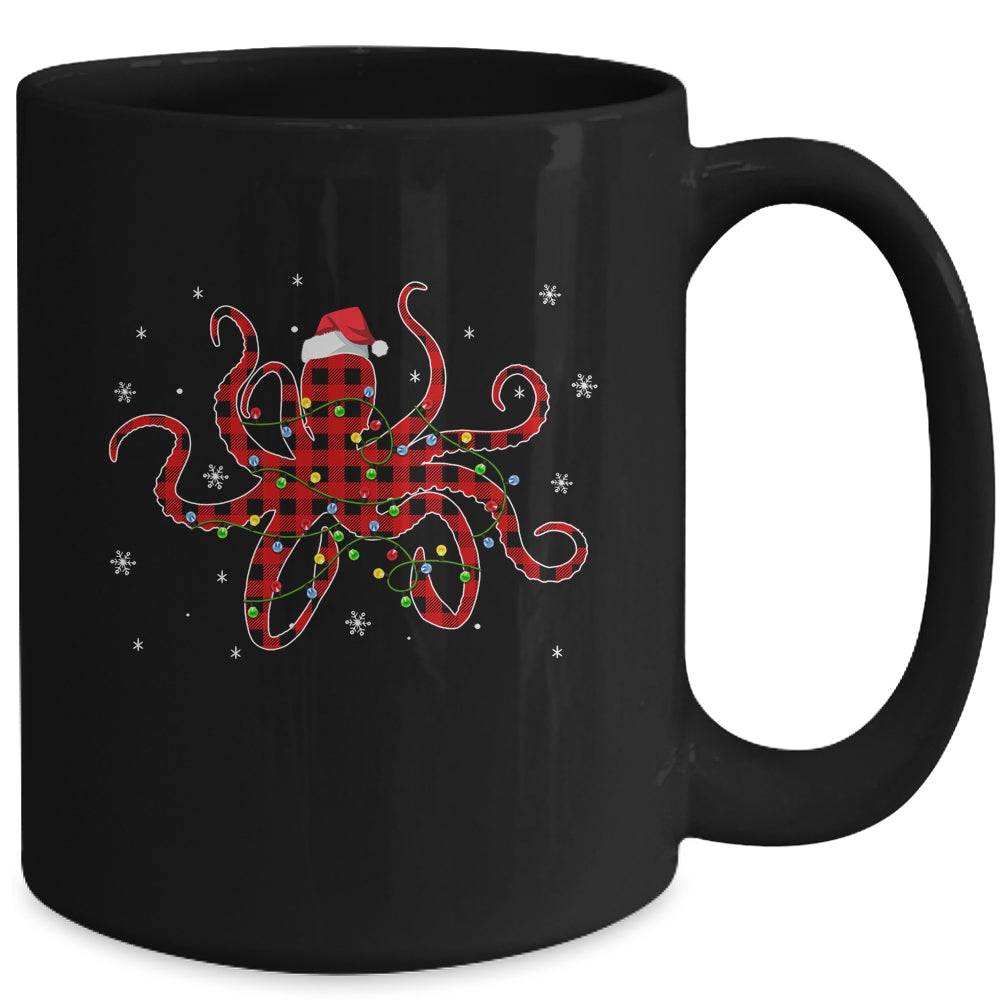 Red Plaid Octopus Christmas Lights Santa Hat Pajamas Mug | siriusteestore