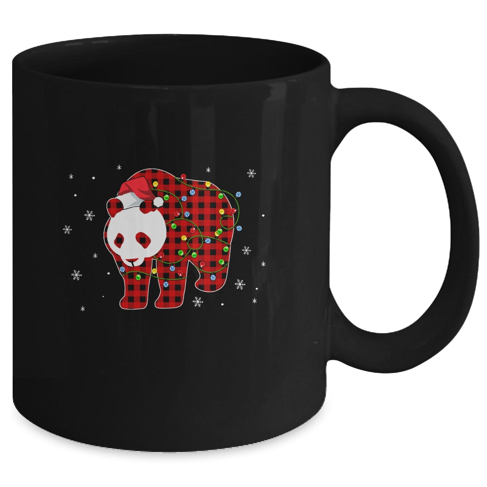 Red Plaid Panda Bear Christmas Lights Santa Hat Pajamas Mug | siriusteestore