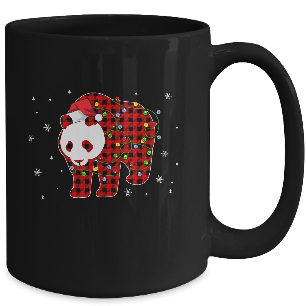 Red Plaid Panda Bear Christmas Lights Santa Hat Pajamas Mug | siriusteestore
