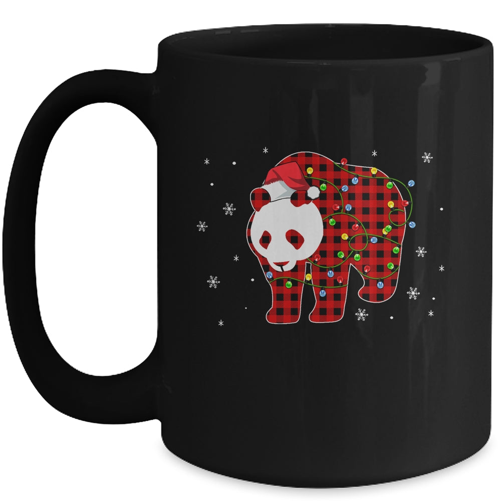 Red Plaid Panda Bear Christmas Lights Santa Hat Pajamas Mug | siriusteestore