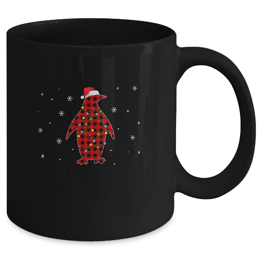 Red Plaid Penguin Christmas Lights Santa Hat Pajamas Mug | siriusteestore