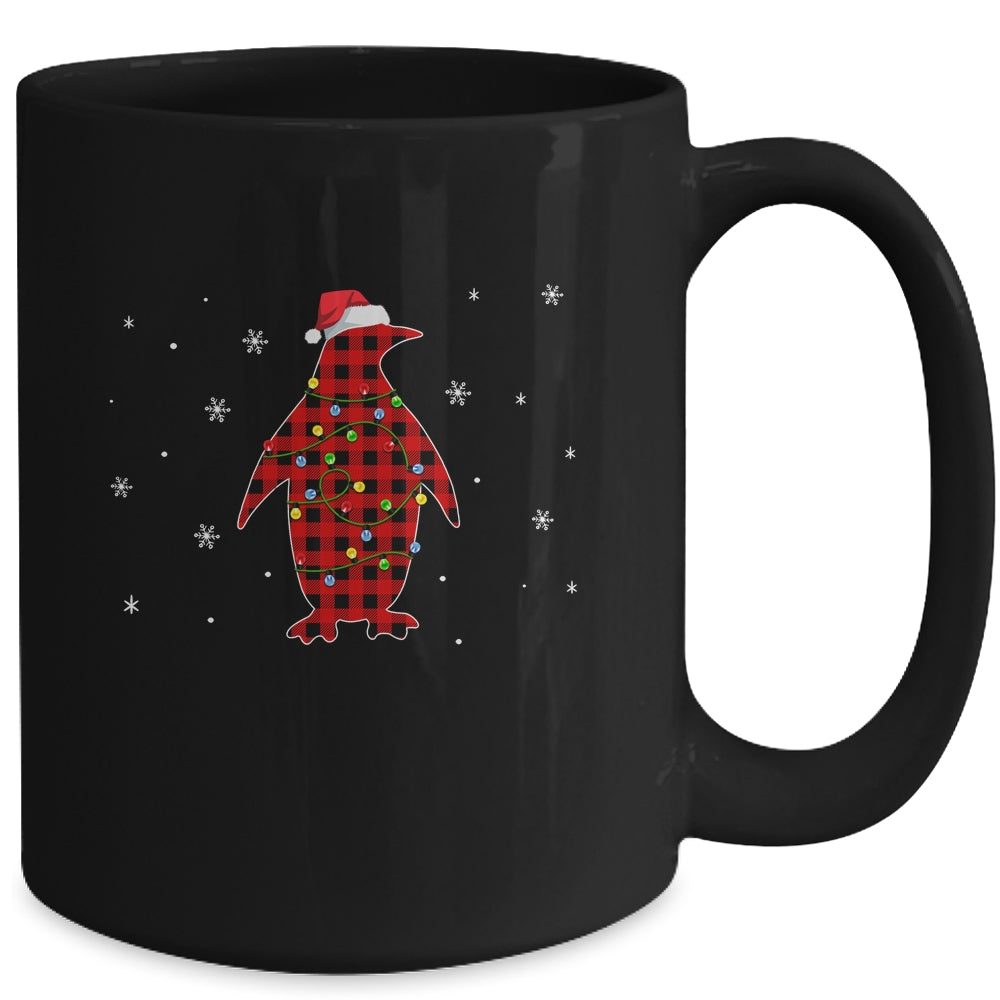 Red Plaid Penguin Christmas Lights Santa Hat Pajamas Mug | siriusteestore