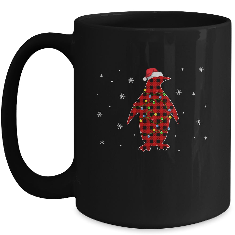 Red Plaid Penguin Christmas Lights Santa Hat Pajamas Mug | siriusteestore