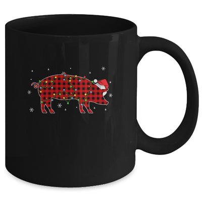 Red Plaid Pig Christmas Lights Santa Hat Pajamas Mug | siriusteestore