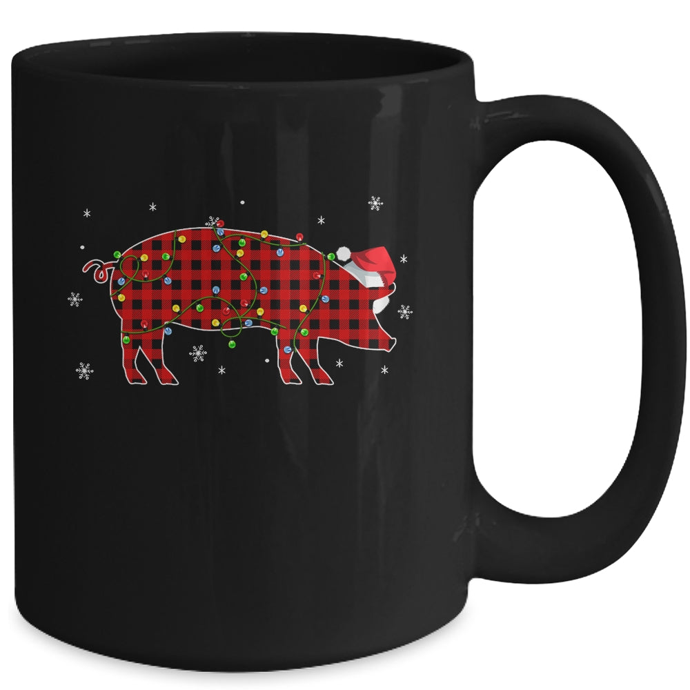 Red Plaid Pig Christmas Lights Santa Hat Pajamas Mug | siriusteestore
