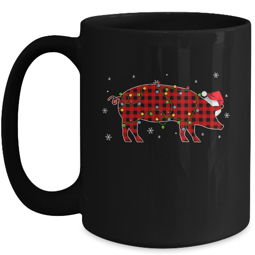 Red Plaid Pig Christmas Lights Santa Hat Pajamas Mug | siriusteestore