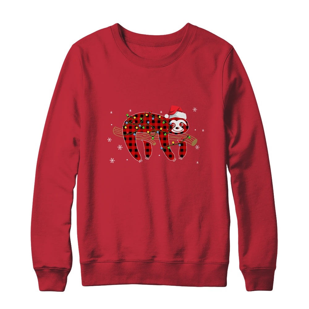Red Plaid Sloth Christmas Lights Santa Hat Pajamas Shirt & Sweatshirt | siriusteestore