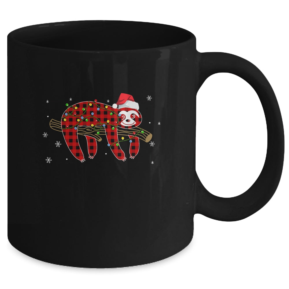 Red Plaid Sloth Christmas Lights Santa Hat Pajamas Mug | siriusteestore