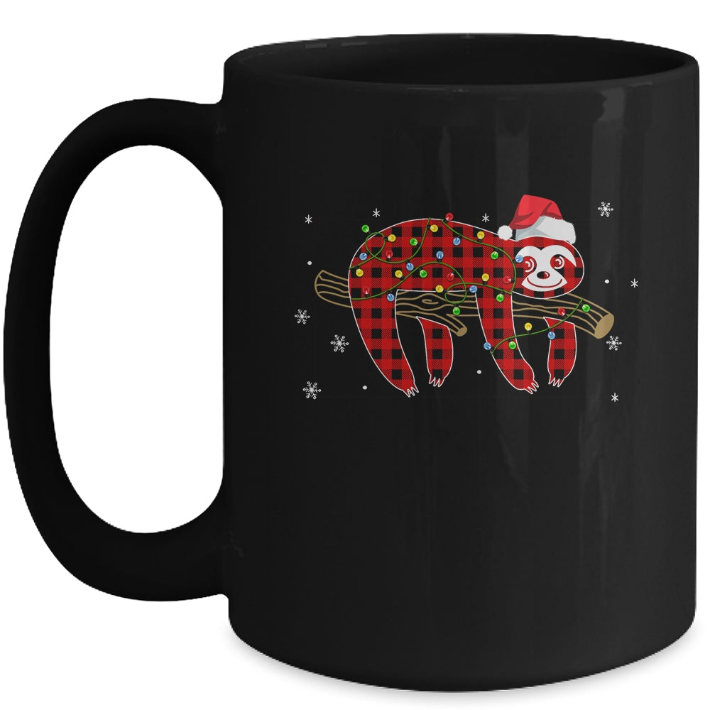 Red Plaid Sloth Christmas Lights Santa Hat Pajamas Mug | siriusteestore