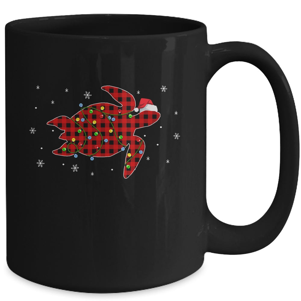 Red Plaid Turtle Christmas Lights Santa Hat Pajamas Mug | siriusteestore