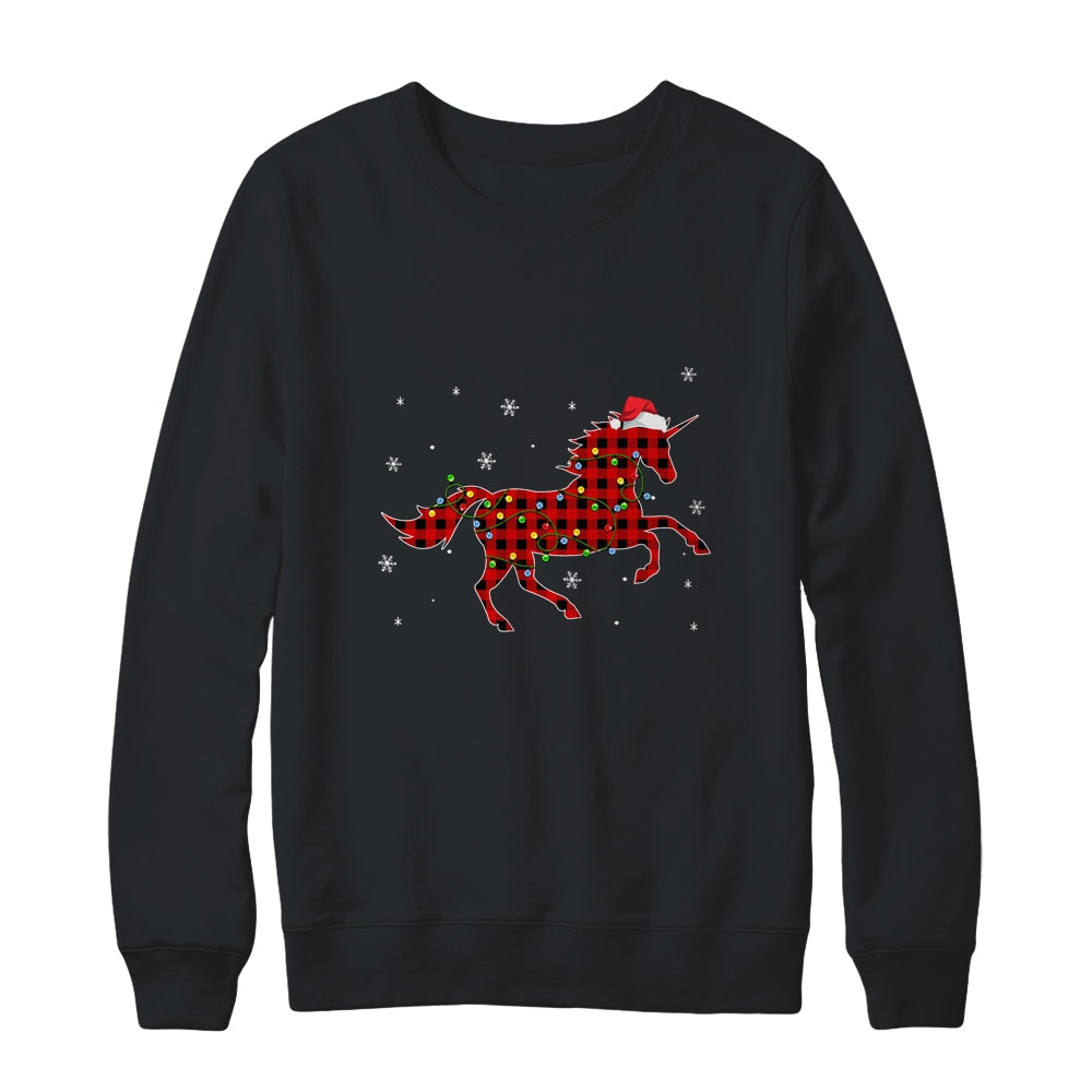 Red Plaid Unicorn Christmas Lights Santa Hat Pajamas Shirt & Sweatshirt | siriusteestore