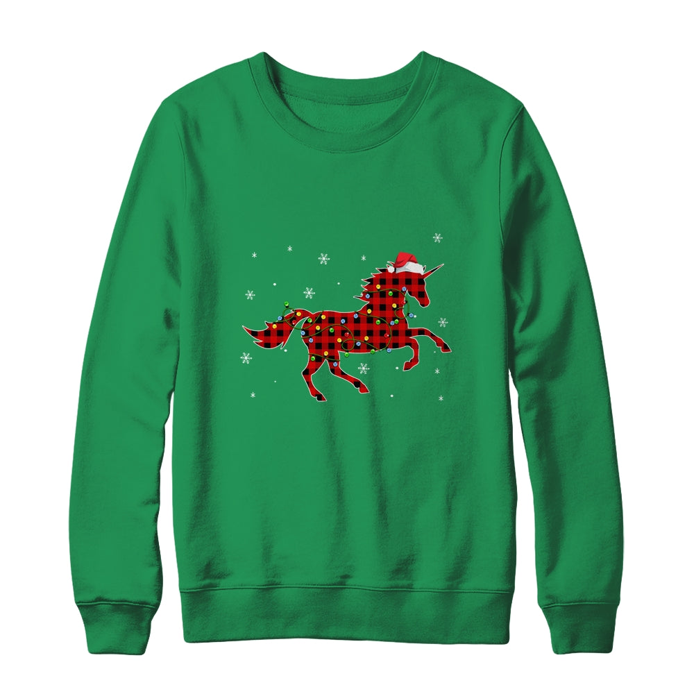 Red Plaid Unicorn Christmas Lights Santa Hat Pajamas Shirt & Sweatshirt | siriusteestore