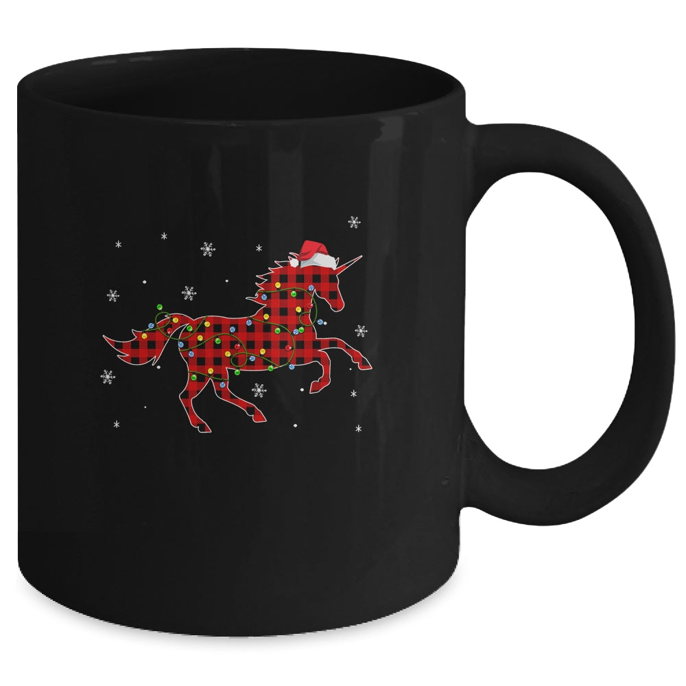 Red Plaid Unicorn Christmas Lights Santa Hat Pajamas Mug | siriusteestore
