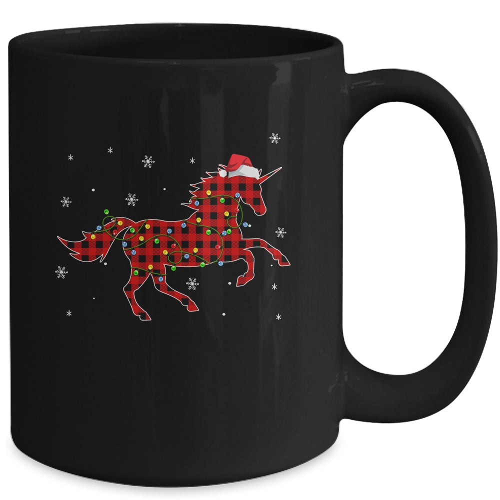 Red Plaid Unicorn Christmas Lights Santa Hat Pajamas Mug | siriusteestore