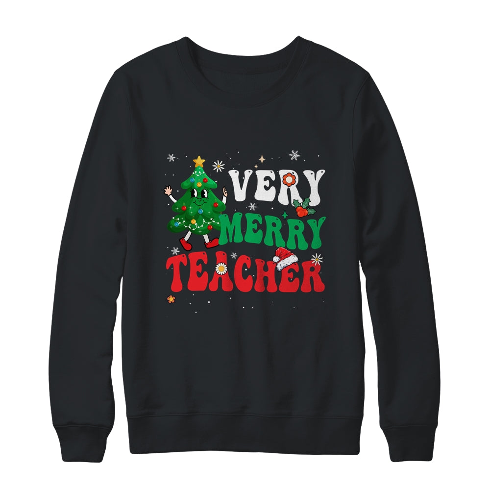 Retro Groovy Teacher Christmas Very Merry Teacher Shirt & Sweatshirt | siriusteestore