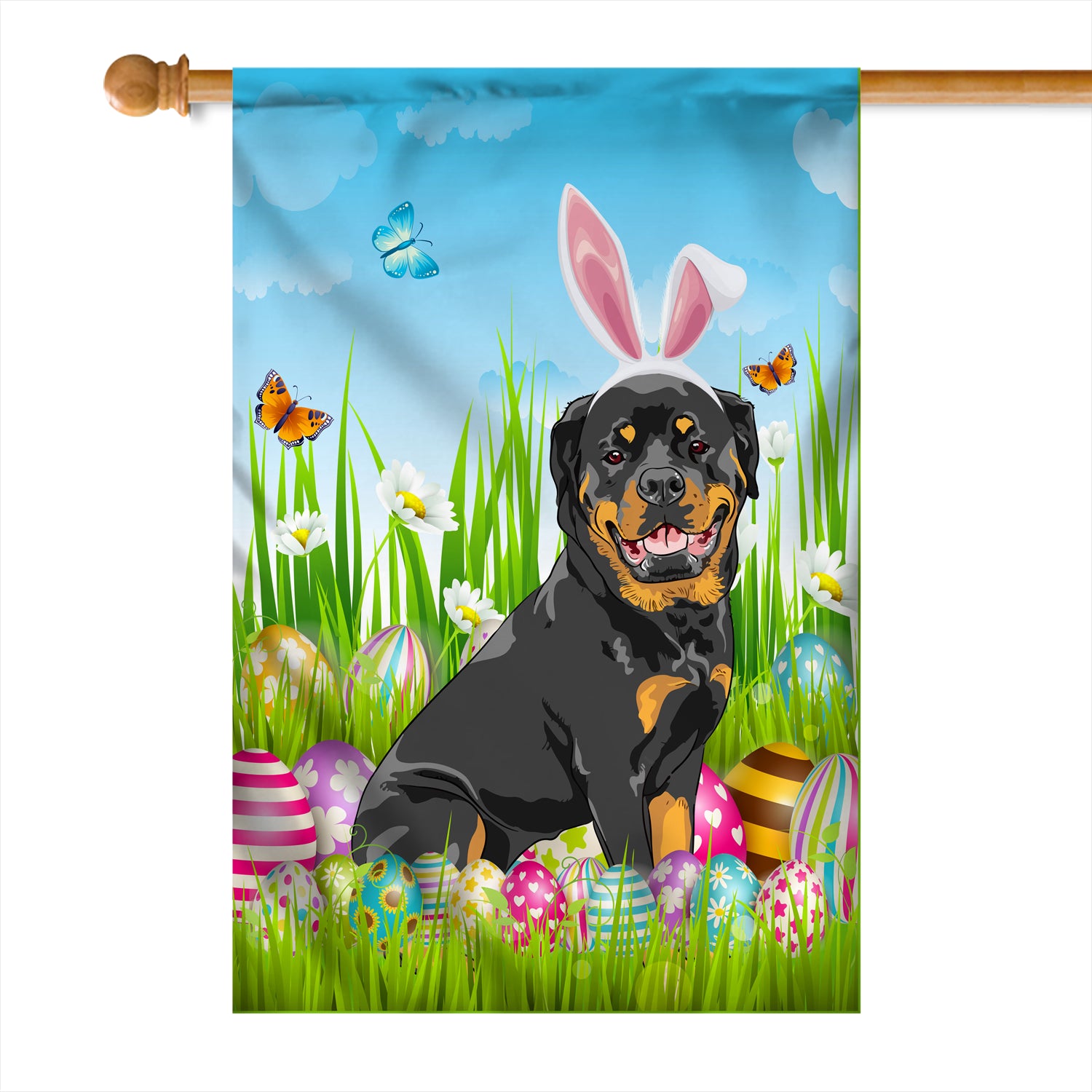 Rottweiler Happy Easter Day Holiday Flag Funny Dog Dog Wear Bunny Ears Headband Cute for Home Decor | siriusteestore