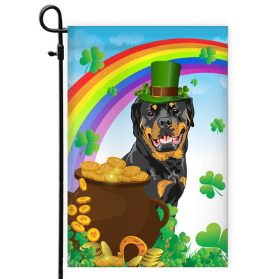 Rottweiler St Patrick's Day Dog Flag Funny Peeking Dog Wear Green Hat Golden Pot Coin Shamrock Rainbow Spring Banner for Home Decor | siriusteestore