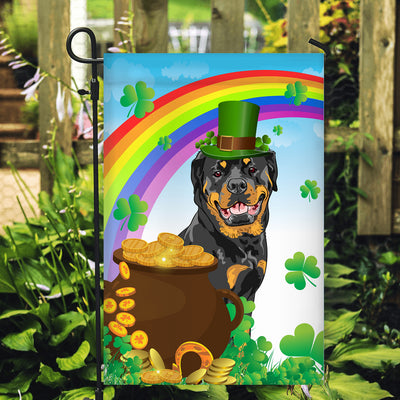 Rottweiler St Patrick's Day Dog Flag Funny Peeking Dog Wear Green Hat Golden Pot Coin Shamrock Rainbow Spring Banner for Home Decor | siriusteestore