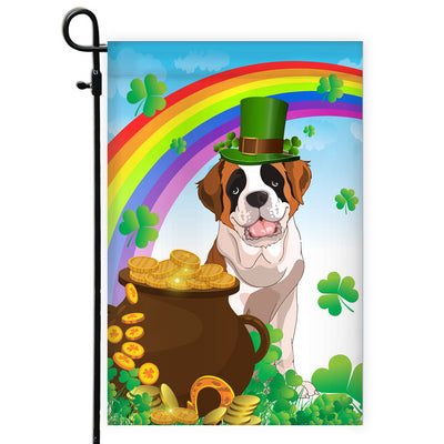 Saint Bernard St Patrick's Day Dog Flag Funny Peeking Dog Wear Green Hat Golden Pot Coin Shamrock Rainbow Spring Banner for Home Decor | siriusteestore