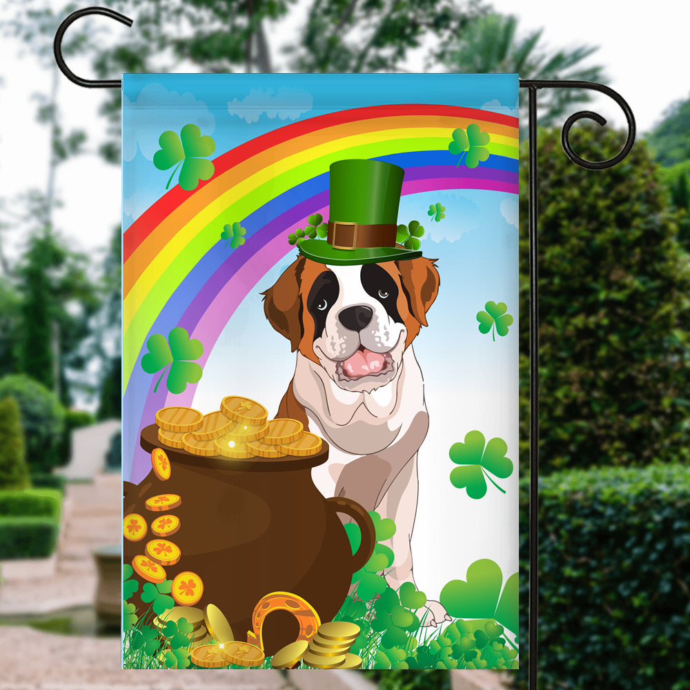 Saint Bernard St Patrick's Day Dog Flag Funny Peeking Dog Wear Green Hat Golden Pot Coin Shamrock Rainbow Spring Banner for Home Decor | siriusteestore