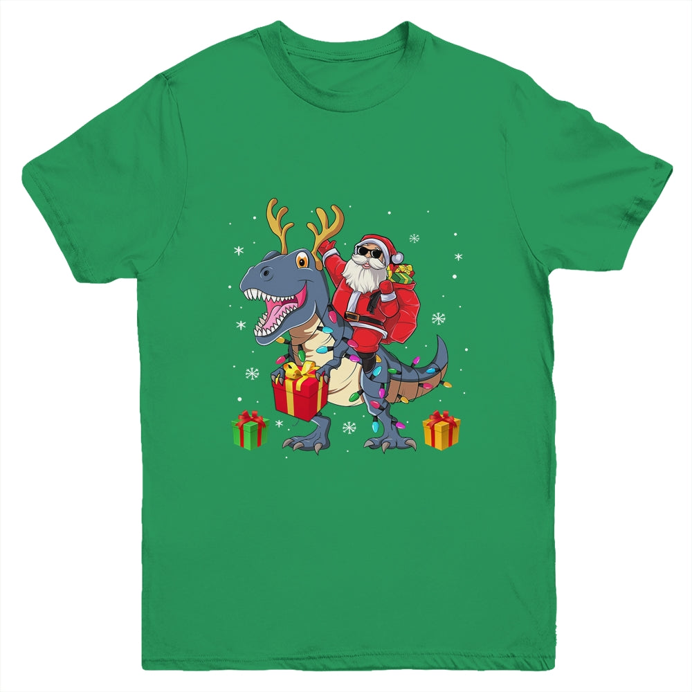 Santa Riding Dinosaur T Rex Deer Christmas Boys Youth Shirt | siriusteestore
