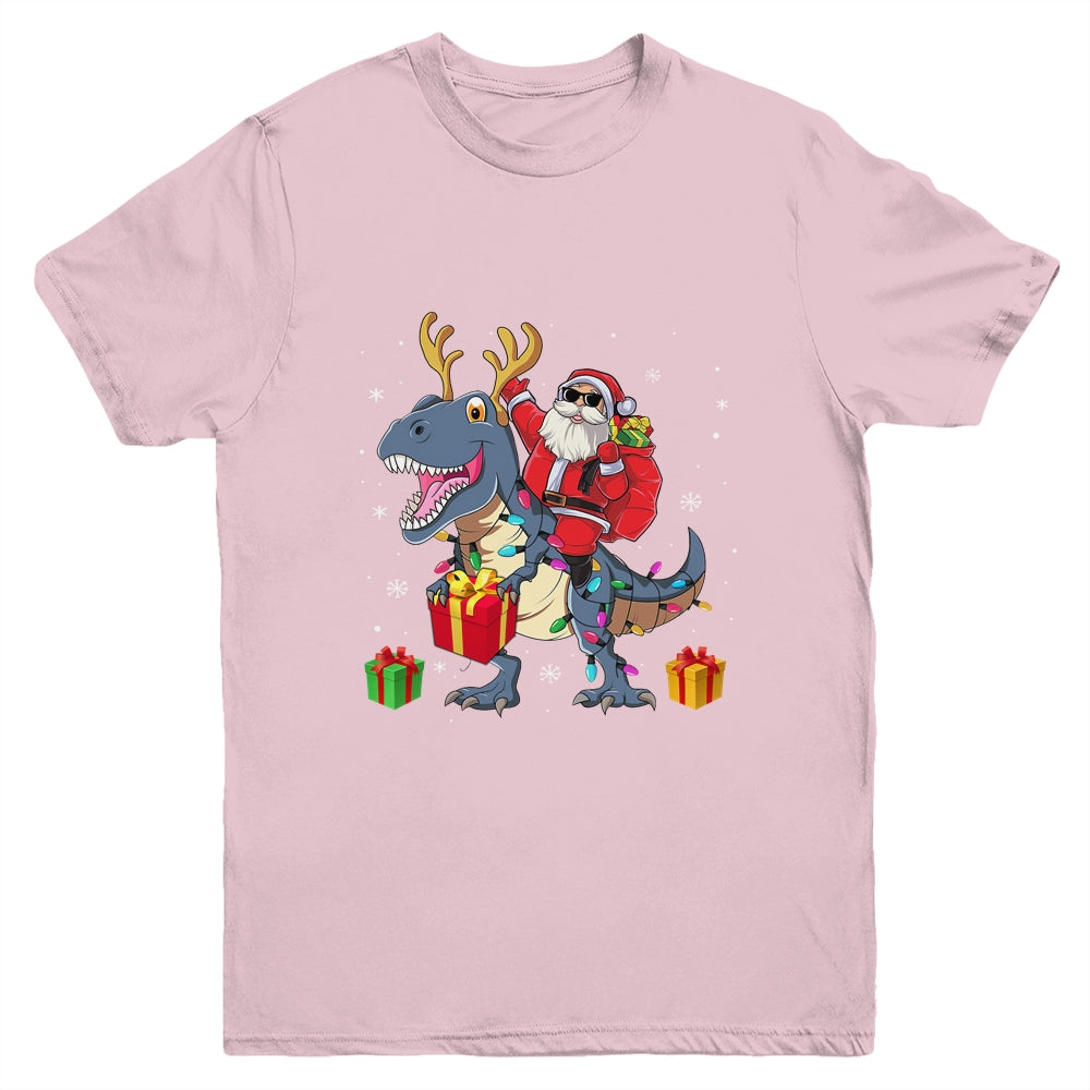Santa Riding Dinosaur T Rex Deer Christmas Boys Youth Shirt | siriusteestore