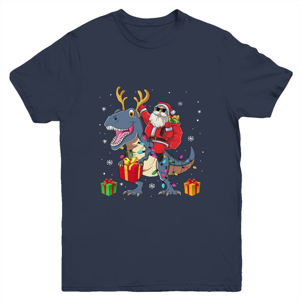 Santa Riding Dinosaur T Rex Deer Christmas Boys Youth Shirt | siriusteestore