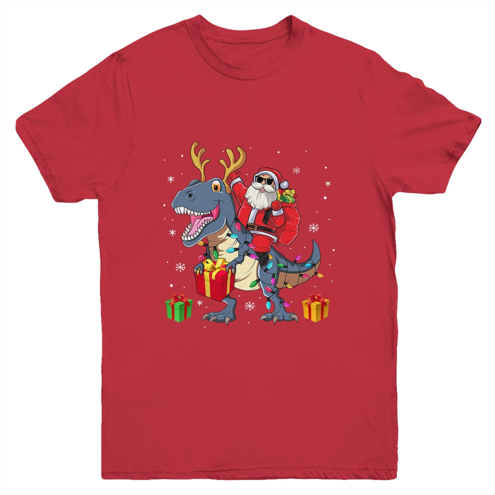 Santa Riding Dinosaur T Rex Deer Christmas Boys Youth Shirt | siriusteestore