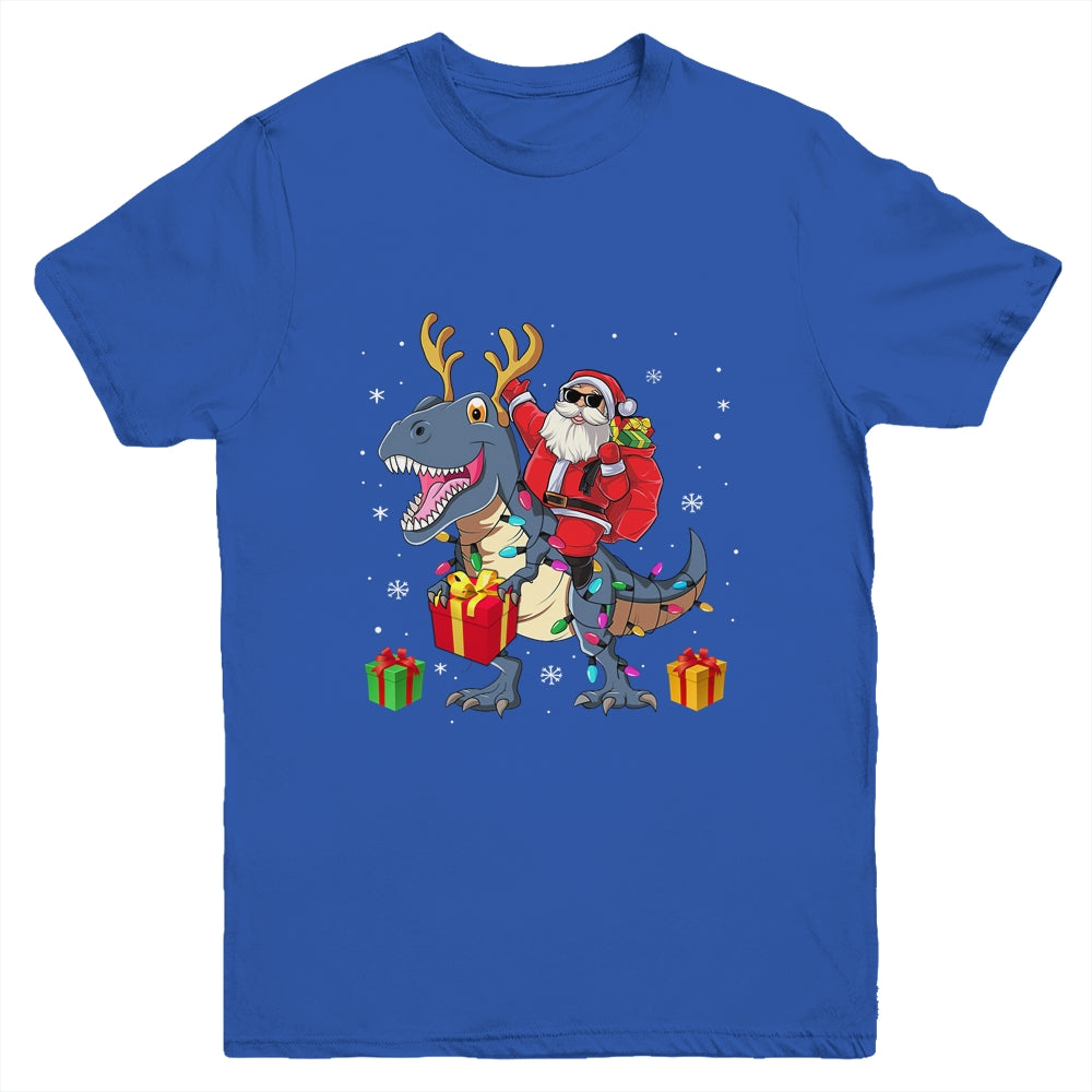 Santa Riding Dinosaur T Rex Deer Christmas Boys Youth Shirt | siriusteestore