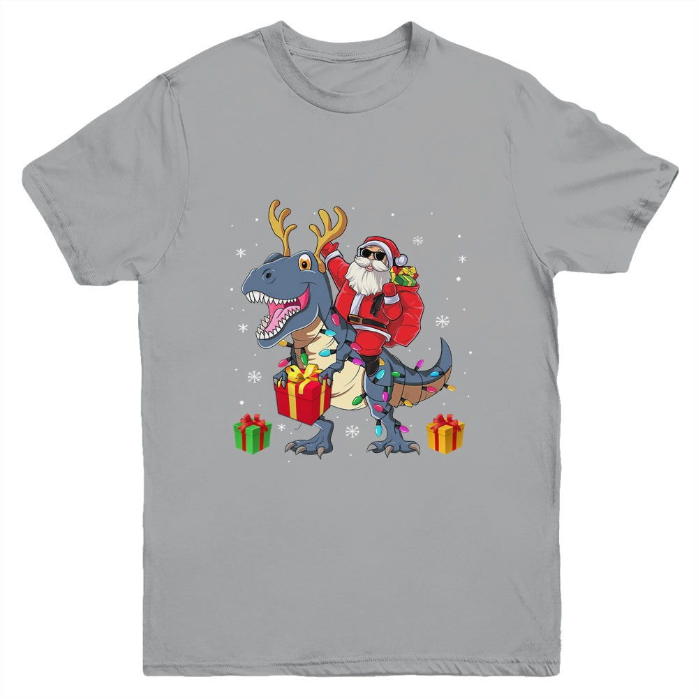 Santa Riding Dinosaur T Rex Deer Christmas Boys Youth Shirt | siriusteestore