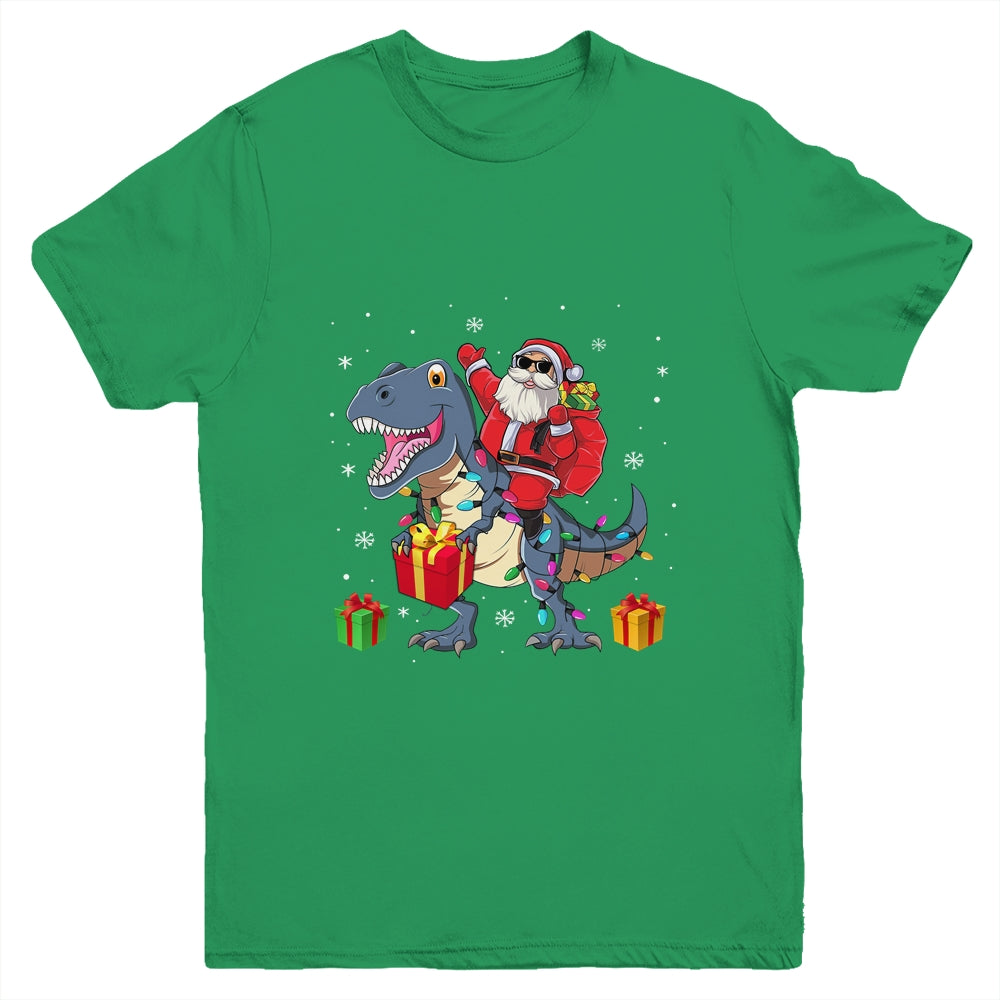 Santa Riding Dinosaur T Rex Deer Christmas For Boys Youth Shirt | siriusteestore