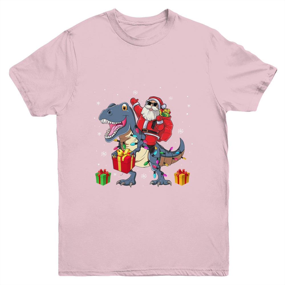 Santa Riding Dinosaur T Rex Deer Christmas For Boys Youth Shirt | siriusteestore