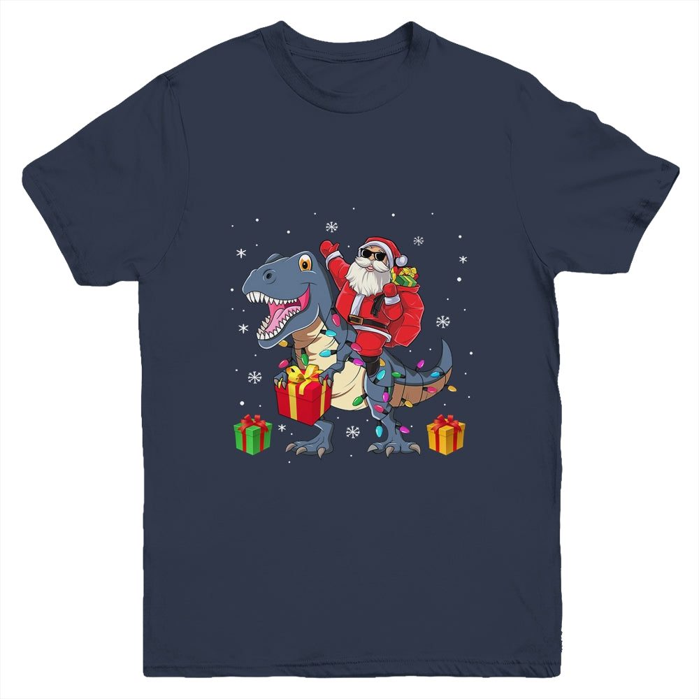 Santa Riding Dinosaur T Rex Deer Christmas For Boys Youth Shirt | siriusteestore